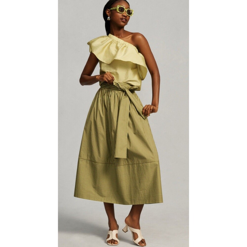 Anthropologie Maeve One Shoulder Blouse Green Ruffled Preppy Retro Medium